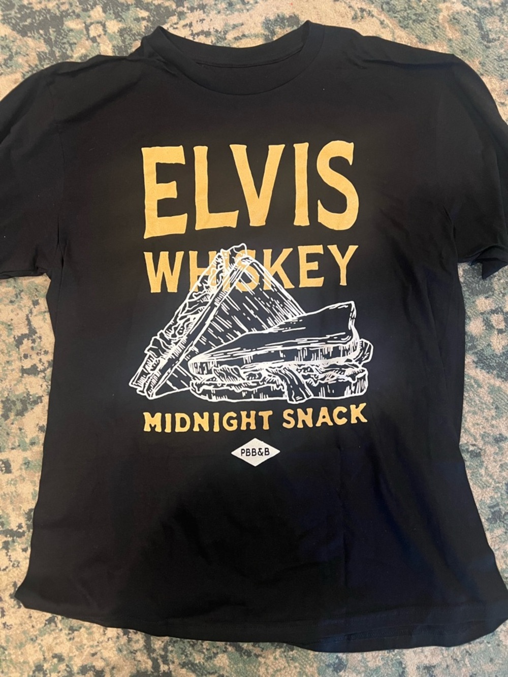 Elvis Whiskey Black Short-Sleeve Graphic Tee with Gold and White Print